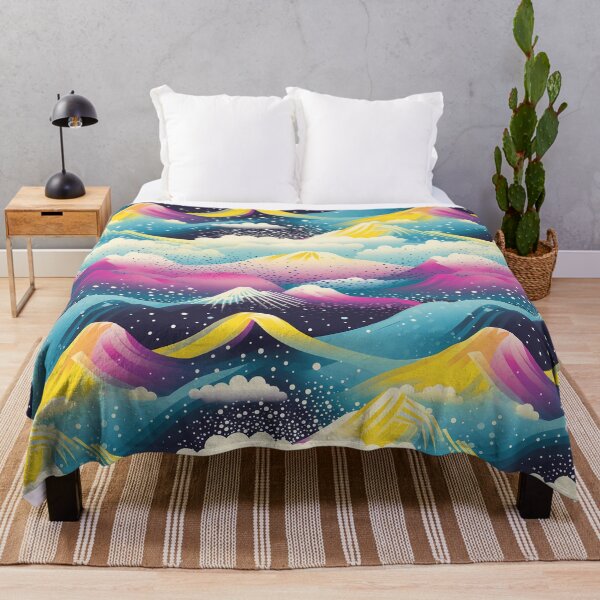 Item preview, Mountain Wave Frequency Pattern 10, candy-coated colorful snowy mountains and clouds, magical world, purple, yellow, gold, blue, black, white, almost synthwave landscape. designed and sold by FoxRobinRabbit.