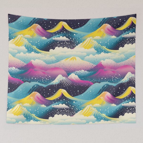 Item preview, Mountain Wave Frequency Pattern 10, candy-coated colorful snowy mountains and clouds, magical world, purple, yellow, gold, blue, black, white, almost synthwave landscape. designed and sold by FoxRobinRabbit.