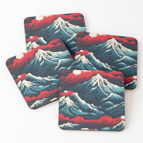 Item preview, Mountain Wave Frequency Pattern 11, woodcut style print illustration of snowy mountains, clouds, and lava, blue, white, red, black, beautiful fantasy landscape. designed and sold by FoxRobinRabbit.
