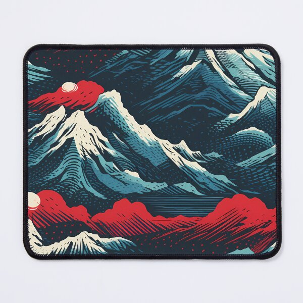 Item preview, Mountain Wave Frequency Pattern 11, woodcut style print illustration of snowy mountains, clouds, and lava, blue, white, red, black, beautiful fantasy landscape. designed and sold by FoxRobinRabbit.