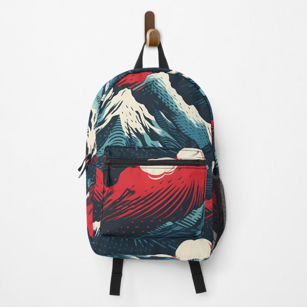 Item preview, Mountain Wave Frequency Pattern 11, woodcut style print illustration of snowy mountains, clouds, and lava, blue, white, red, black, beautiful fantasy landscape. designed and sold by FoxRobinRabbit.