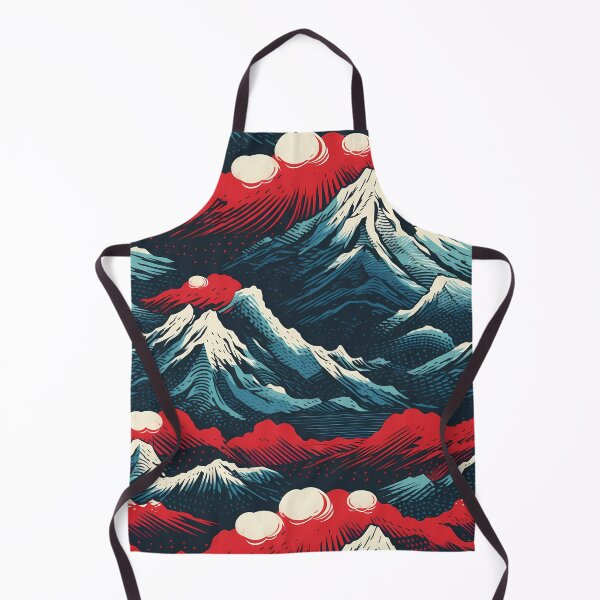 Item preview, Mountain Wave Frequency Pattern 11, woodcut style print illustration of snowy mountains, clouds, and lava, blue, white, red, black, beautiful fantasy landscape. designed and sold by FoxRobinRabbit.