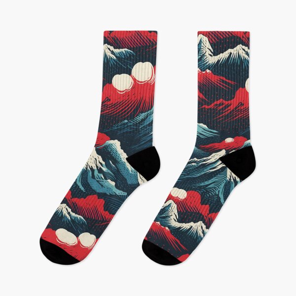 Item preview, Mountain Wave Frequency Pattern 11, woodcut style print illustration of snowy mountains, clouds, and lava, blue, white, red, black, beautiful fantasy landscape. designed and sold by FoxRobinRabbit.