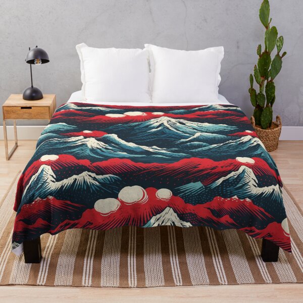 Item preview, Mountain Wave Frequency Pattern 11, woodcut style print illustration of snowy mountains, clouds, and lava, blue, white, red, black, beautiful fantasy landscape. designed and sold by FoxRobinRabbit.
