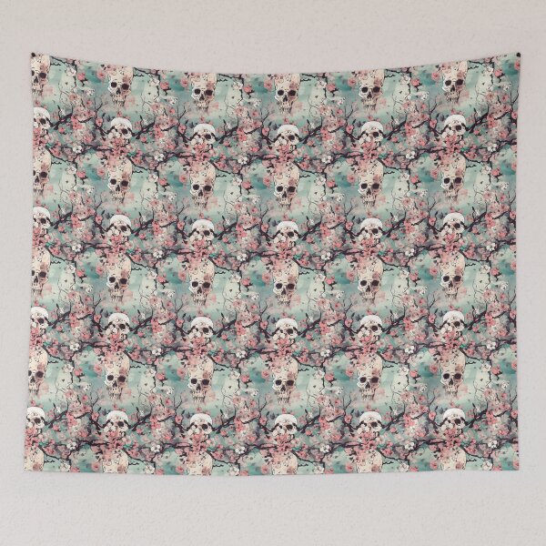 Item preview, Skull and Cherry Blossom Pattern in Vintage Pink and Green designed and sold by Retro-ArtDeco.