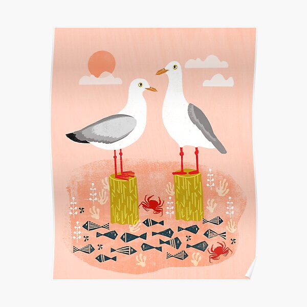 Seagulls - Bird Art, Coastal Nautical Summer Bird Print by Andrea Lauren Poster
