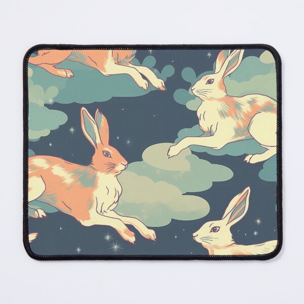 Item preview, Cute Animal Pattern 1, Ed is weird, an opinion, illustrated rabbits jumping fairytale clouds and stars, at night, sidelong glances from uncertain leporidae, big ears, orange, blue, white. designed and sold by FoxRobinRabbit.