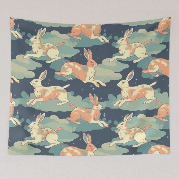 Item preview, Cute Animal Pattern 1, Ed is weird, an opinion, illustrated rabbits jumping fairytale clouds and stars, at night, sidelong glances from uncertain leporidae, big ears, orange, blue, white. designed and sold by FoxRobinRabbit.