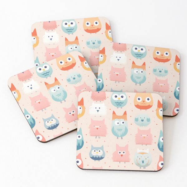 Item preview, Cute Animal Pattern 2, supposed to be owls, makes no sense, why’s your face like that, don’t panic, big eyes, pink peach, blue, orange, white, adorable fuzzy birds with manageable trauma. designed and sold by FoxRobinRabbit.