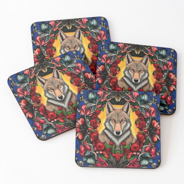Item preview, North Dakota Coyote Surrounded By Prairie Rose Tattoo Art designed and sold by taiche.