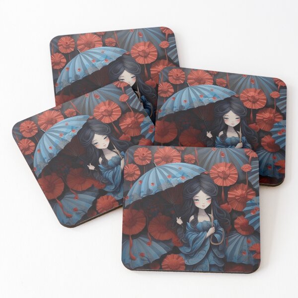 Item preview, A blue piece of art with paper umbrellas engulfing a girl designed and sold by aiphotosart.