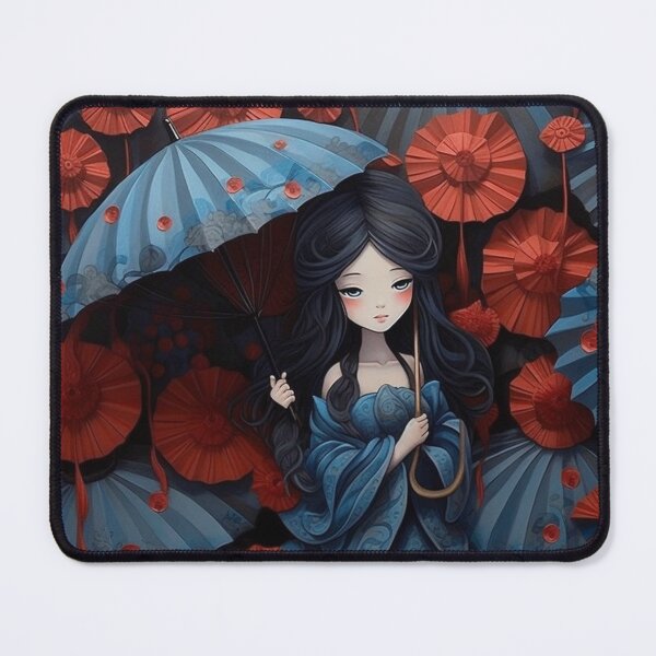Item preview, A blue piece of art with paper umbrellas engulfing a girl designed and sold by aiphotosart.