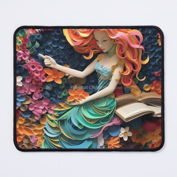 Item preview, A colorful paper cut of a mermaid sitting at her table next to a book designed and sold by aiphotosart.