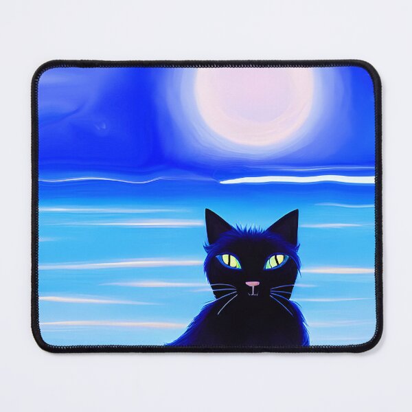 Item preview, Black Cat at the Beach with White Sun Turquoise Ocean Blue Sky - AI Art designed and sold by Beachy.