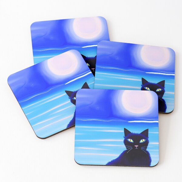 Item preview, Black Cat at the Beach with White Sun Turquoise Ocean Blue Sky - AI Art designed and sold by Beachy.
