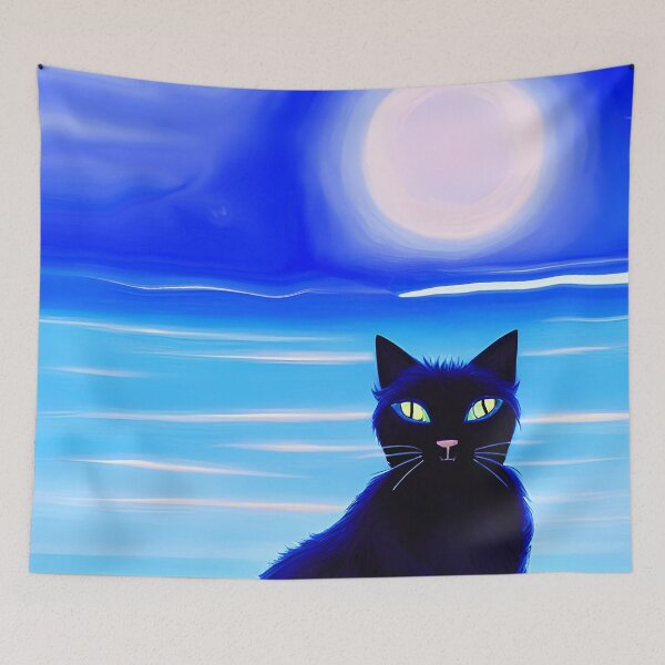 Item preview, Black Cat at the Beach with White Sun Turquoise Ocean Blue Sky - AI Art designed and sold by Beachy.