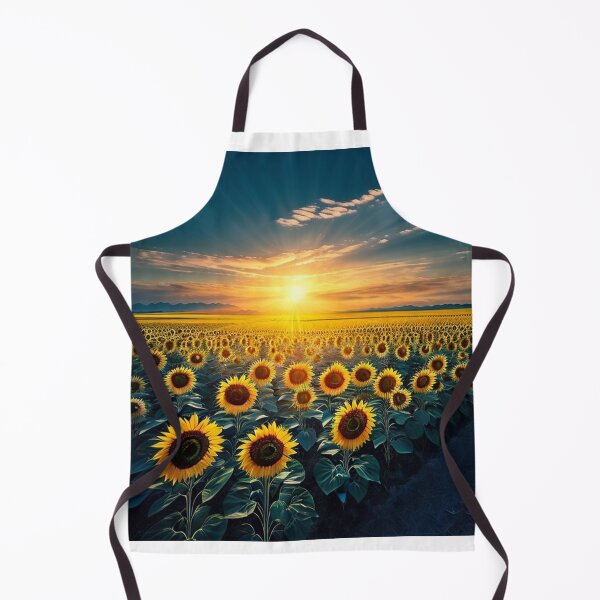 Artikelvorschau, Eine atemberaubende Sommerlandschaft, geschmückt mit riesigen Sonnenblumenfeldern, beleuchtet durch die sanfte Berührung des Sonnenlichts, KI-generierte Kunst entworfen und verkauft von AiGens.