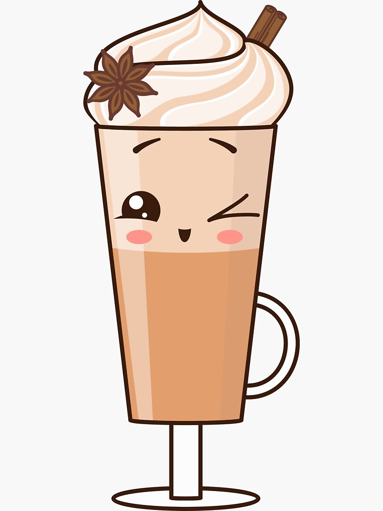 Tall glass cup with coffee, cinnamon and a cap of cream. Happy kawaii  character Sticker for Sale by Viktoriia