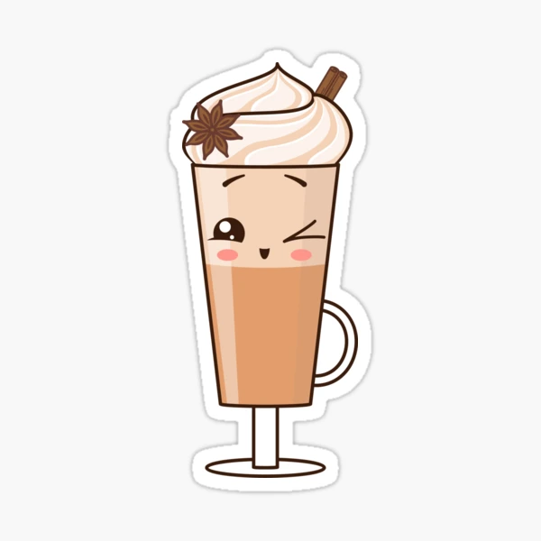 Tall glass cup with coffee, cinnamon and a cap of cream. Happy kawaii  character Sticker for Sale by Viktoriia