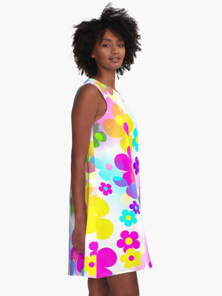 Thumbnail 2 of 4, A-Line Dress, 60's Retro Mod Small Flowers Multicolor Pop Art designed and sold by MellowCat.