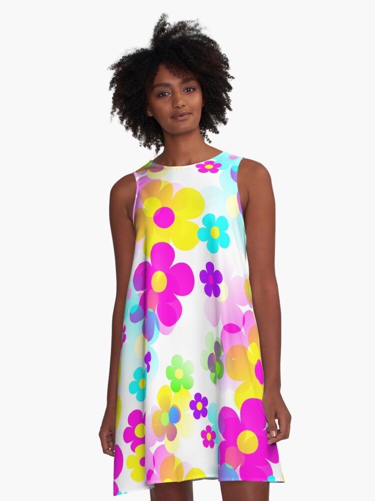 Thumbnail 1 of 4, A-Line Dress, 60's Retro Mod Small Flowers Multicolor Pop Art designed and sold by MellowCat.