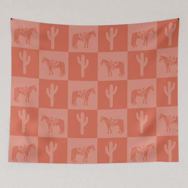 Item preview, Wild West: Majestic Stallion and Cactus in Checkered Terracotta Pattern designed and sold by PatternedbySab.