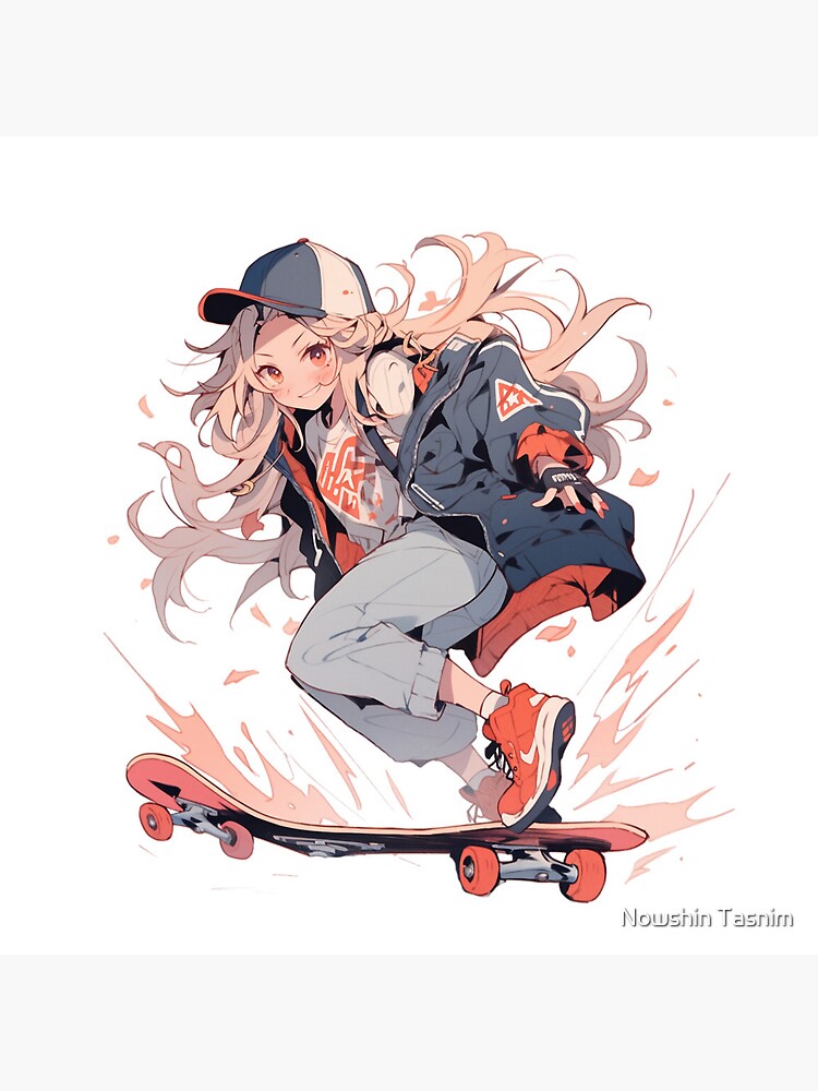 An anime girl skateboarding, doing tricks in the half