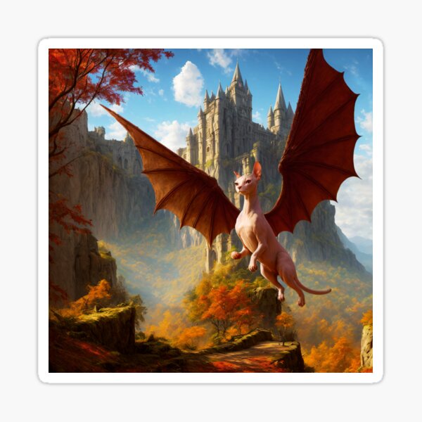A Sphynx Dragon Cat Flying Near a Castle Sticker