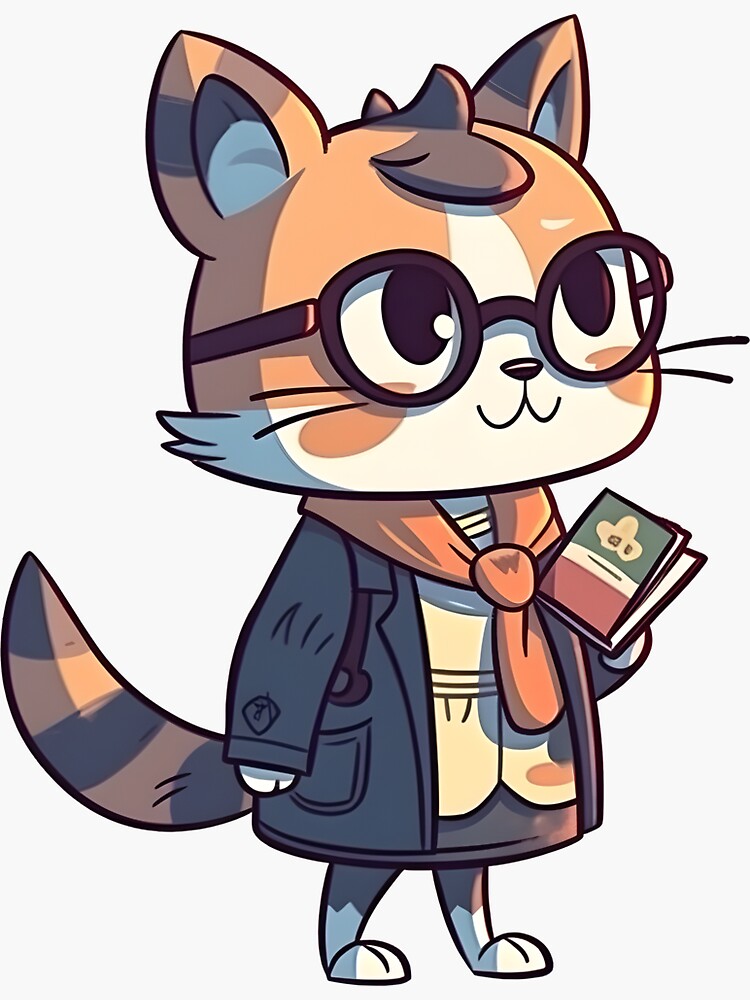 Lindo gato de dibujos animados en uniforme escolar y Pegatina