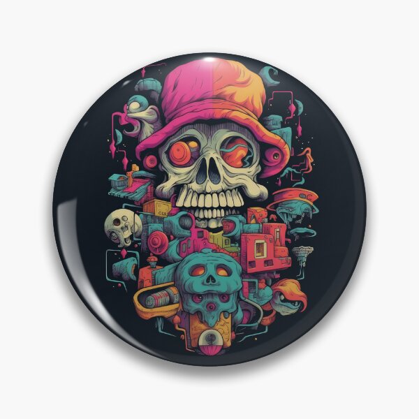 Aperçu de l'œuvre Crâne coloré avec chapeau et objets | Illustration numérique créée et vendue par PaperCrazed.