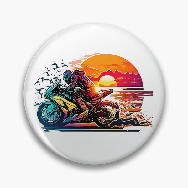 Aperçu de l'œuvre Cavalier d'autocollant de moto avec coucher de soleil sur fond de mer, vélo de sport, soleil, mer et océan créée et vendue par YammsDesign.