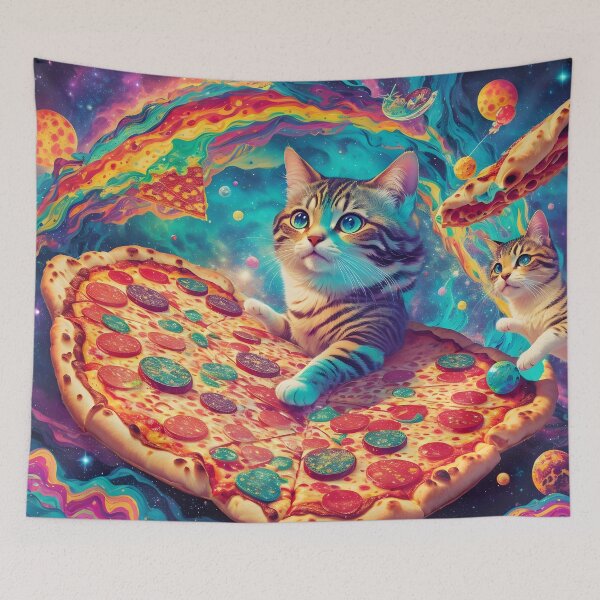 Item preview, Galactic Flavor Fusion: Trippy Kitten's Cosmic Rainbow Candy Pizza Adventure Poster designed and sold by MindWave THC.