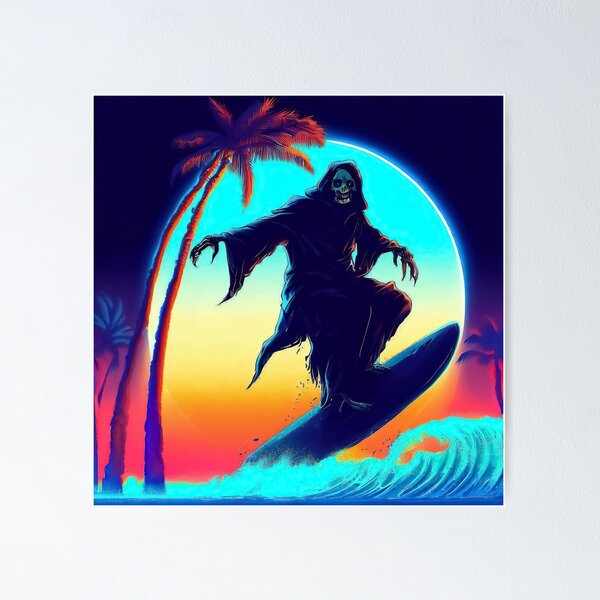 Item preview, Spooky retro grim skeleton surfing on palm beach designed and sold by TomFrontierArt.