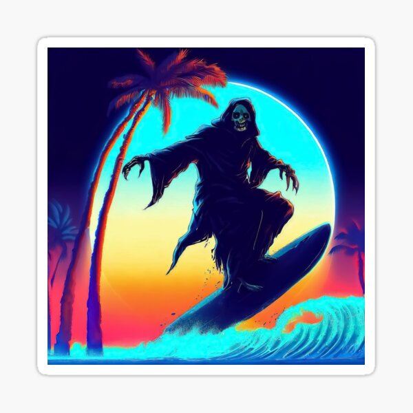 Item preview, Spooky retro grim skeleton surfing on palm beach designed and sold by TomFrontierArt.