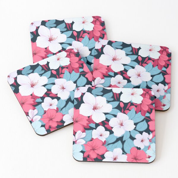 Item preview, Flower Pattern 24, colorful high contrast painted blossoms on a dark background, brightly lit at night, white, blue, red, black, flora and nature. designed and sold by FoxRobinRabbit.
