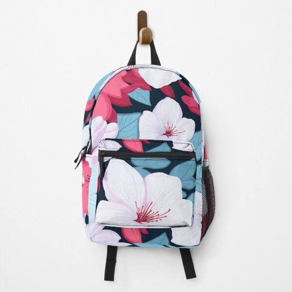 Item preview, Flower Pattern 24, colorful high contrast painted blossoms on a dark background, brightly lit at night, white, blue, red, black, flora and nature. designed and sold by FoxRobinRabbit.