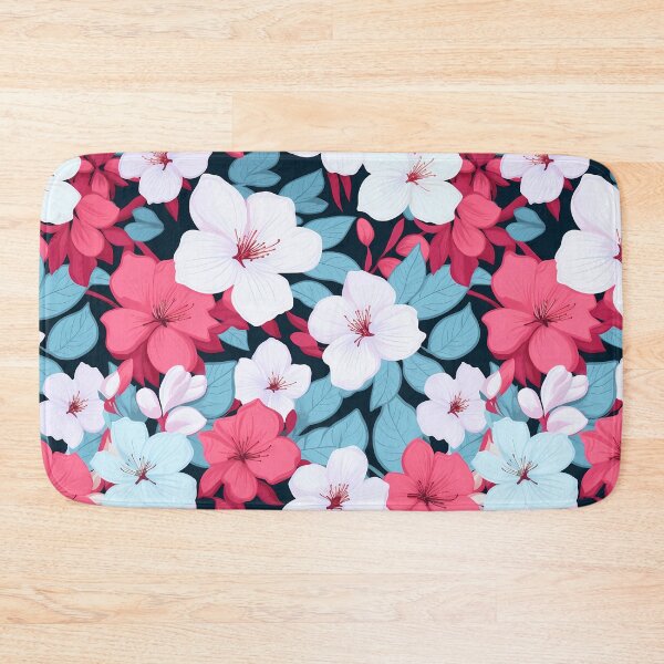 Item preview, Flower Pattern 24, colorful high contrast painted blossoms on a dark background, brightly lit at night, white, blue, red, black, flora and nature. designed and sold by FoxRobinRabbit.