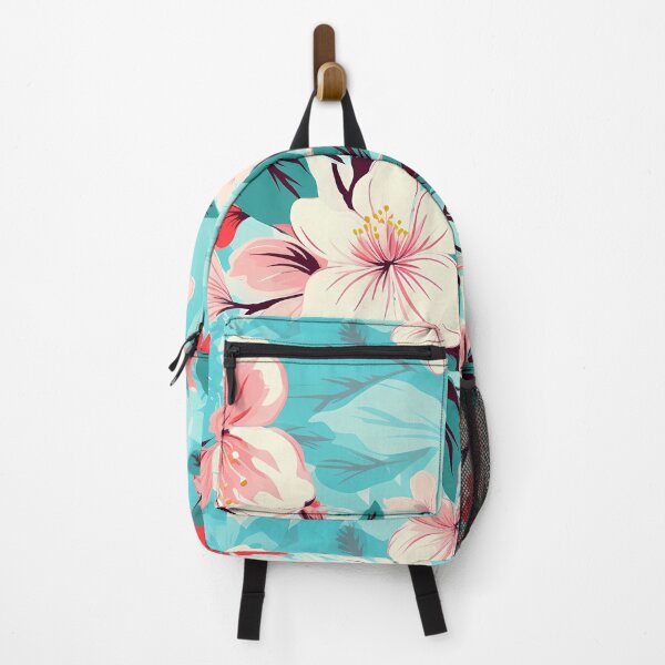 Item preview, Flower Pattern 26, bright light-hearted Hawaiian print blossoms, petals and leaves, blue sky, pink, green, white, vacation style flora and nature. designed and sold by FoxRobinRabbit.