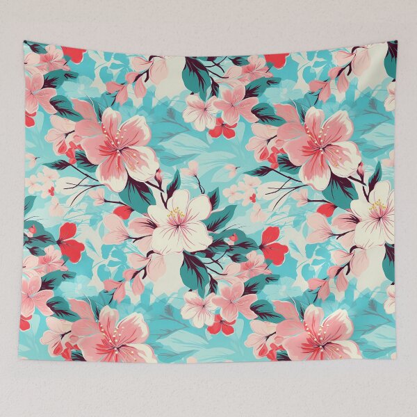 Item preview, Flower Pattern 26, bright light-hearted Hawaiian print blossoms, petals and leaves, blue sky, pink, green, white, vacation style flora and nature. designed and sold by FoxRobinRabbit.