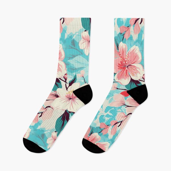 Item preview, Flower Pattern 26, bright light-hearted Hawaiian print blossoms, petals and leaves, blue sky, pink, green, white, vacation style flora and nature. designed and sold by FoxRobinRabbit.