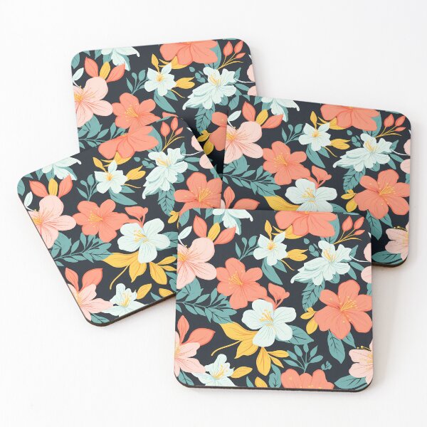 Item preview, Flower Pattern 28, colorful high contrast painted blossoms, green leaves, on a black background, brightly lit at night, orange, peach, white, flora and nature. designed and sold by FoxRobinRabbit.
