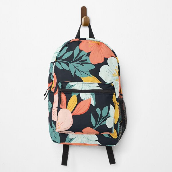 Item preview, Flower Pattern 28, colorful high contrast painted blossoms, green leaves, on a black background, brightly lit at night, orange, peach, white, flora and nature. designed and sold by FoxRobinRabbit.