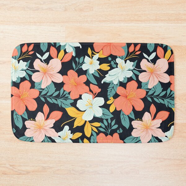 Item preview, Flower Pattern 28, colorful high contrast painted blossoms, green leaves, on a black background, brightly lit at night, orange, peach, white, flora and nature. designed and sold by FoxRobinRabbit.
