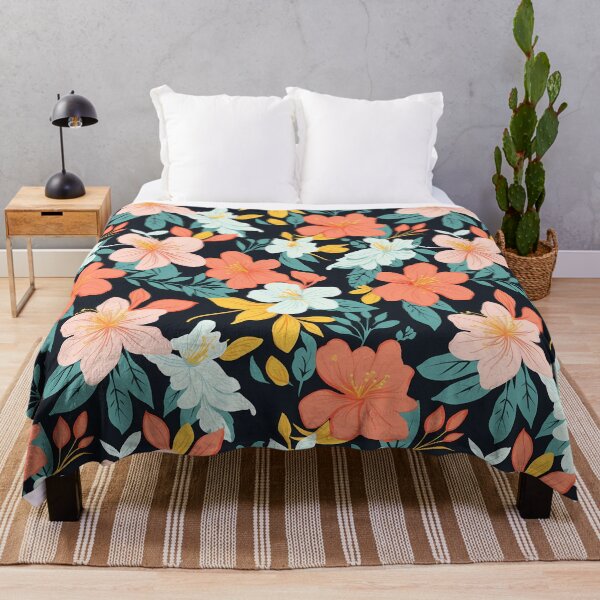 Aperçu de l'œuvre Motif floral 28, fleurs peintes colorées à contraste élevé, feuilles vertes, sur fond noir, brillamment éclairées la nuit, orange, pêche, blanc, flore et nature. créée et vendue par FoxRobinRabbit.