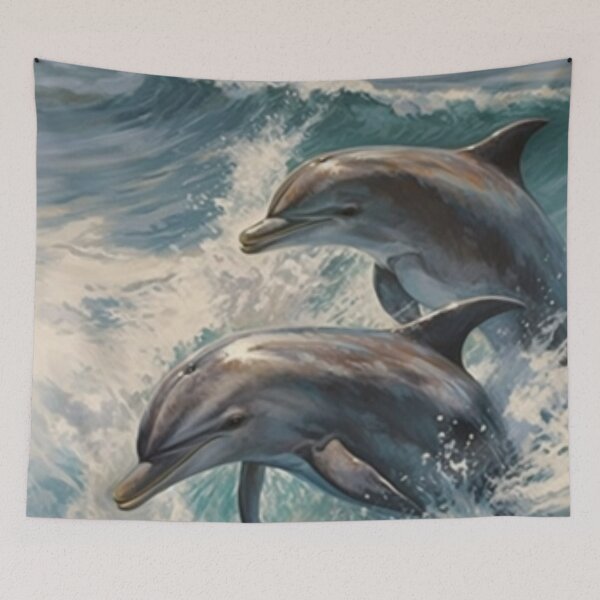 Item preview, Beautiful Oil painting of playful dolphins jumping out of water designed and sold by SPECTRA005.