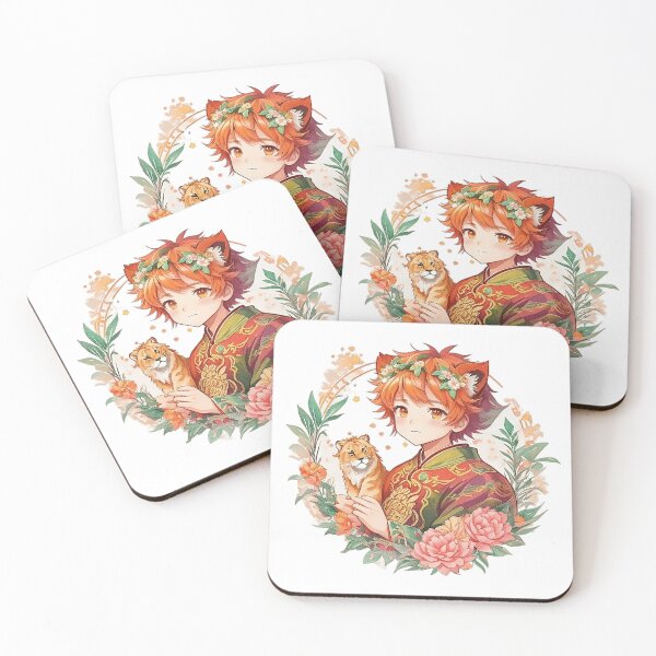 Item preview, Roaring Blooms: Adorable Anime Boy with Ion Ears, Lion Companion, and Flower Accents designed and sold by CuteArt5639.