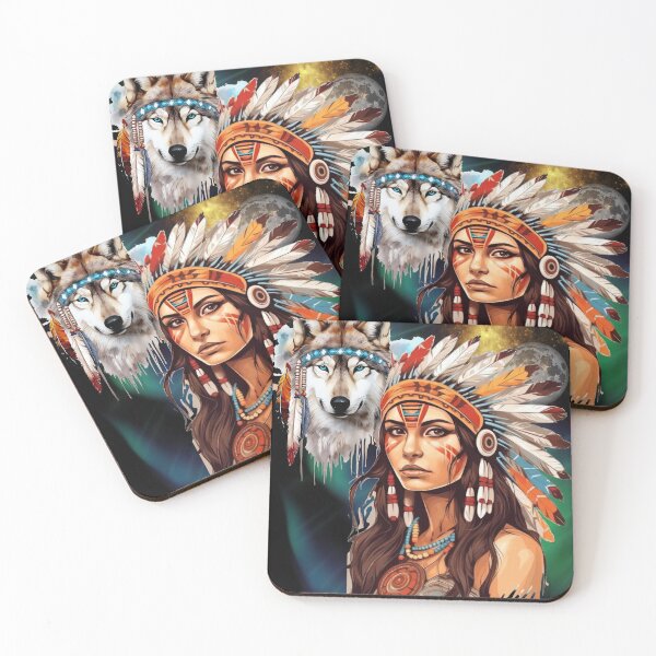 Item preview, Native American girl and wolf watercolour art  designed and sold by U-mule.