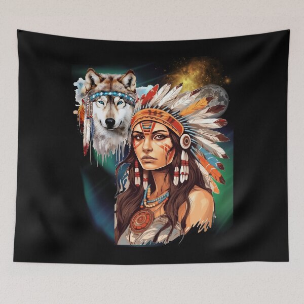 Item preview, Native American girl and wolf watercolour art  designed and sold by U-mule.