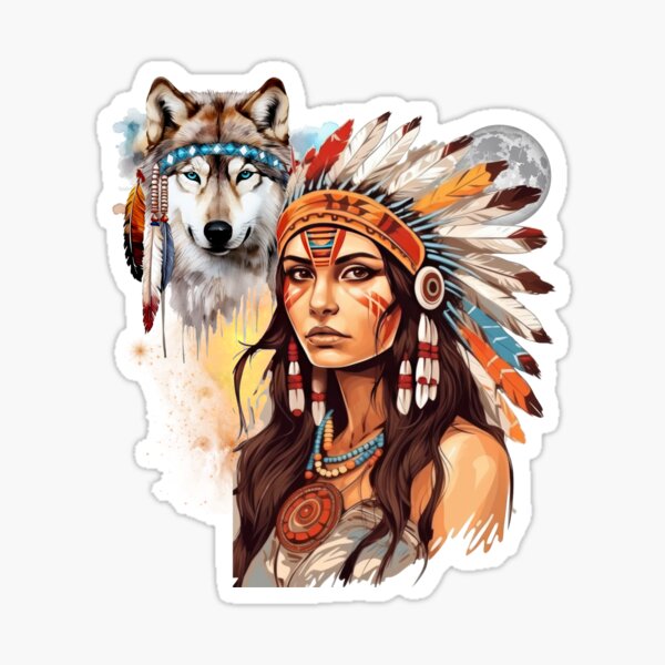Item preview, Native American girl and wolf watercolour art  designed and sold by U-mule.
