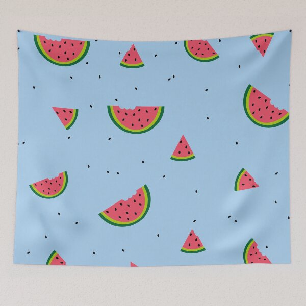 Item preview, Colorful print of watermelon pieces on light blue background designed and sold by Martapp.